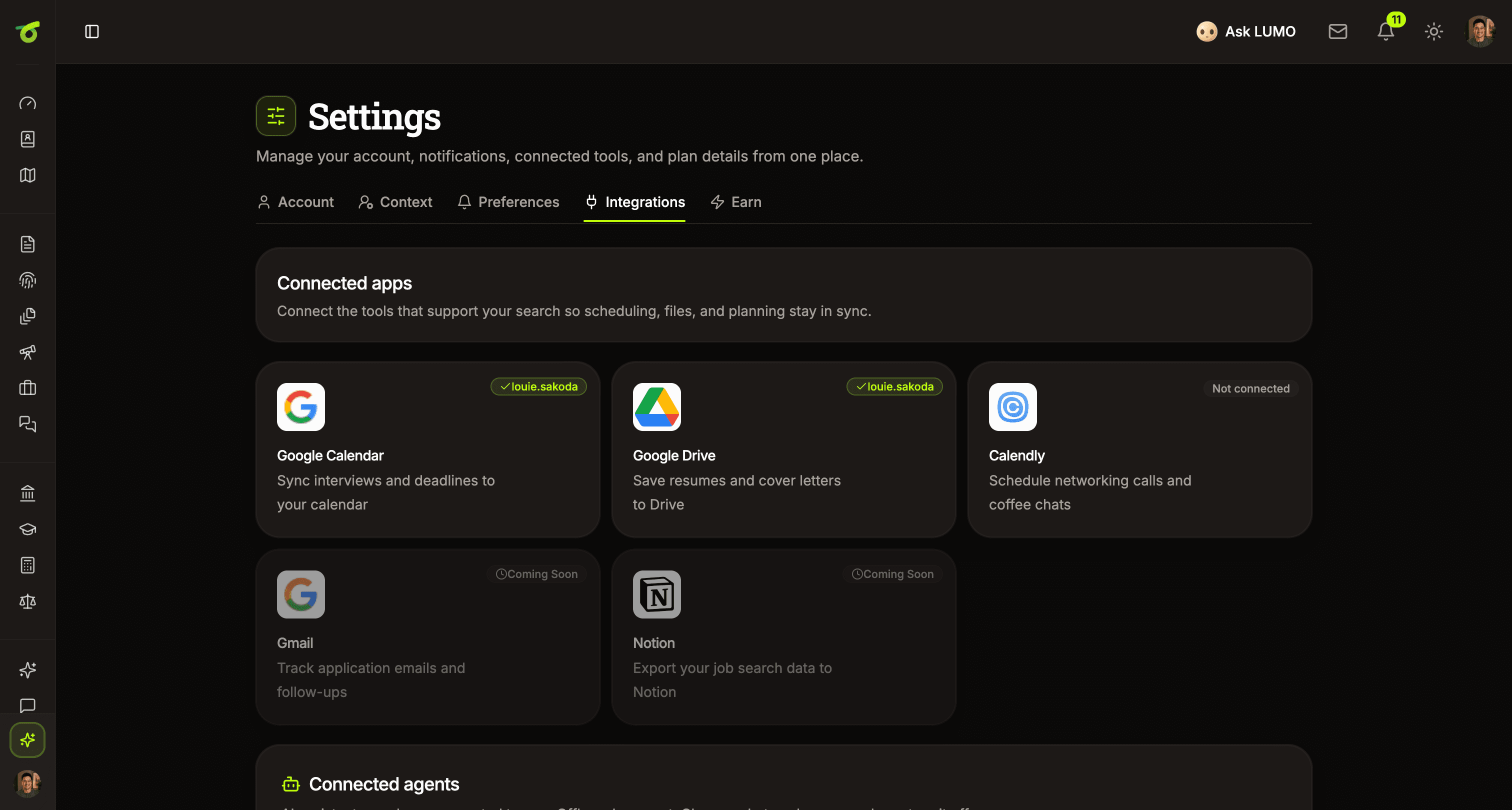 Offboard integration settings showing Google Calendar, Google Drive, Calendly, and upcoming Gmail and Notion connections