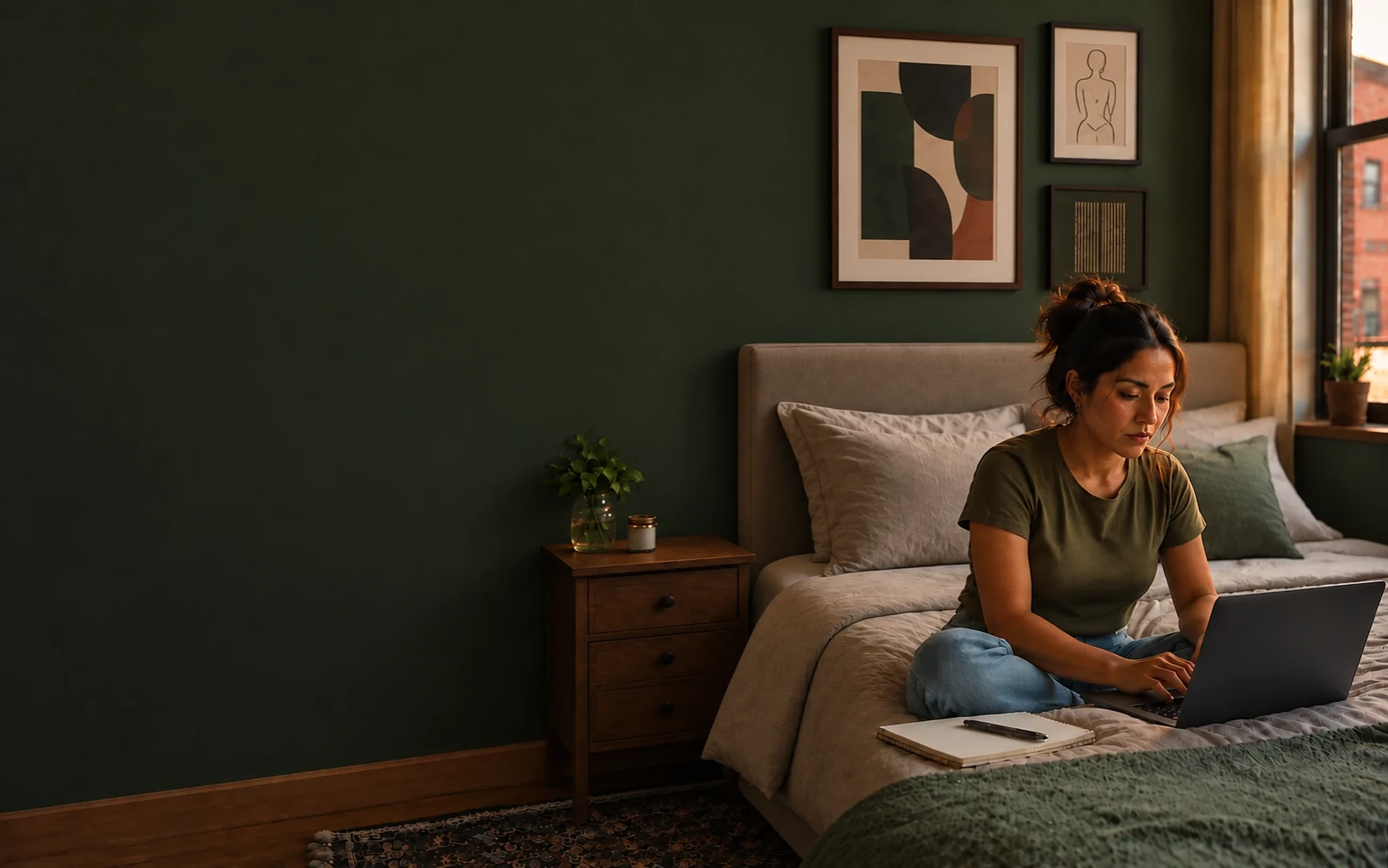 A woman sits cross-legged on her bed with a laptop at dusk, with modern artwork above the bed.