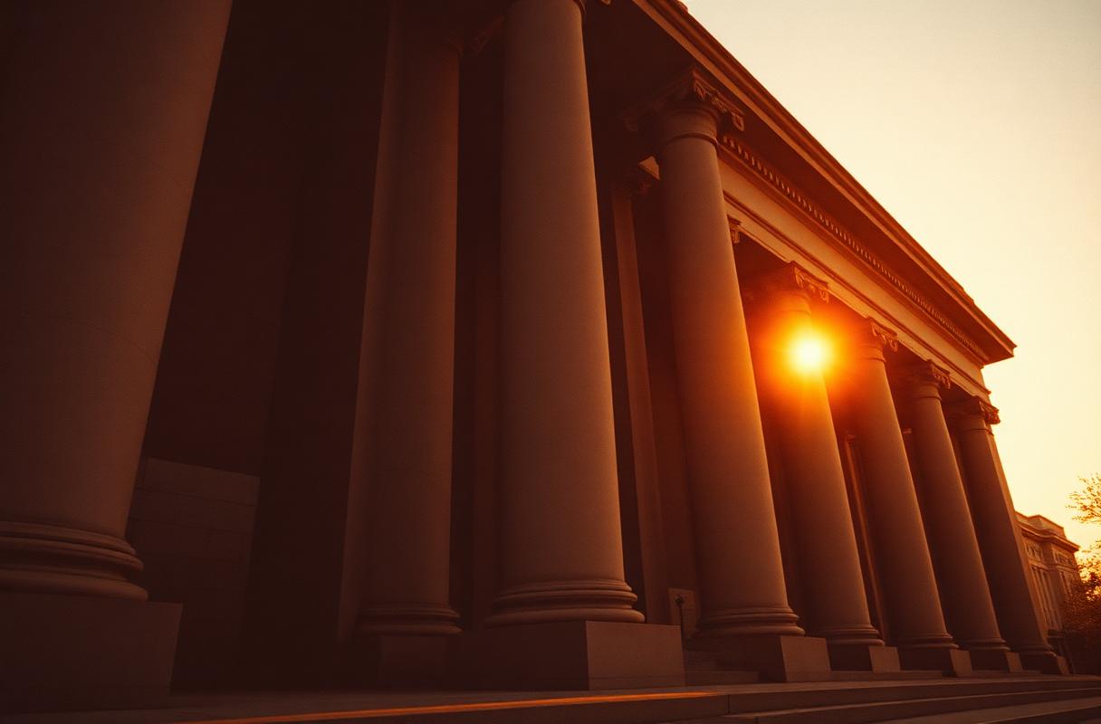 Civic government building columns lit by late-day sun