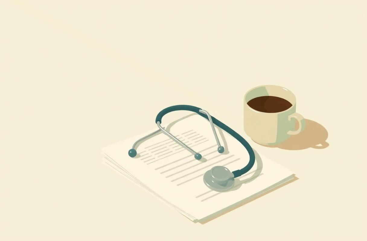 A stethoscope resting on a stack of paperwork next to a coffee cup in soft morning light