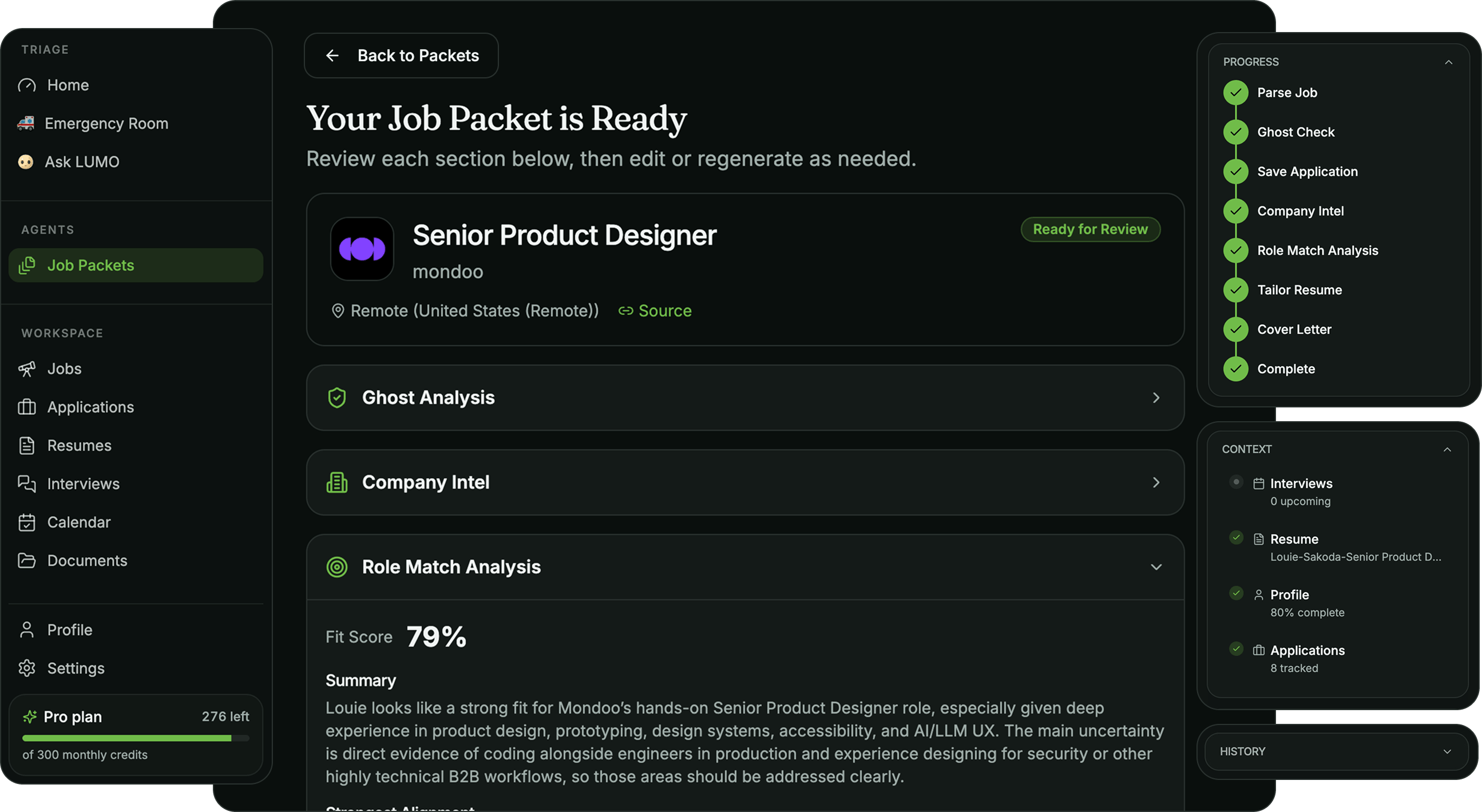 Offboard app showing a completed Job Packet with progress, role match analysis, and connected context