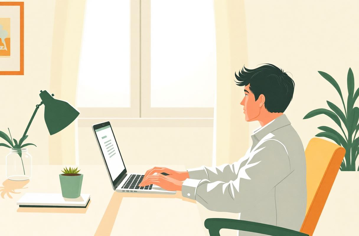 A person at a sunlit desk composing a message on a laptop