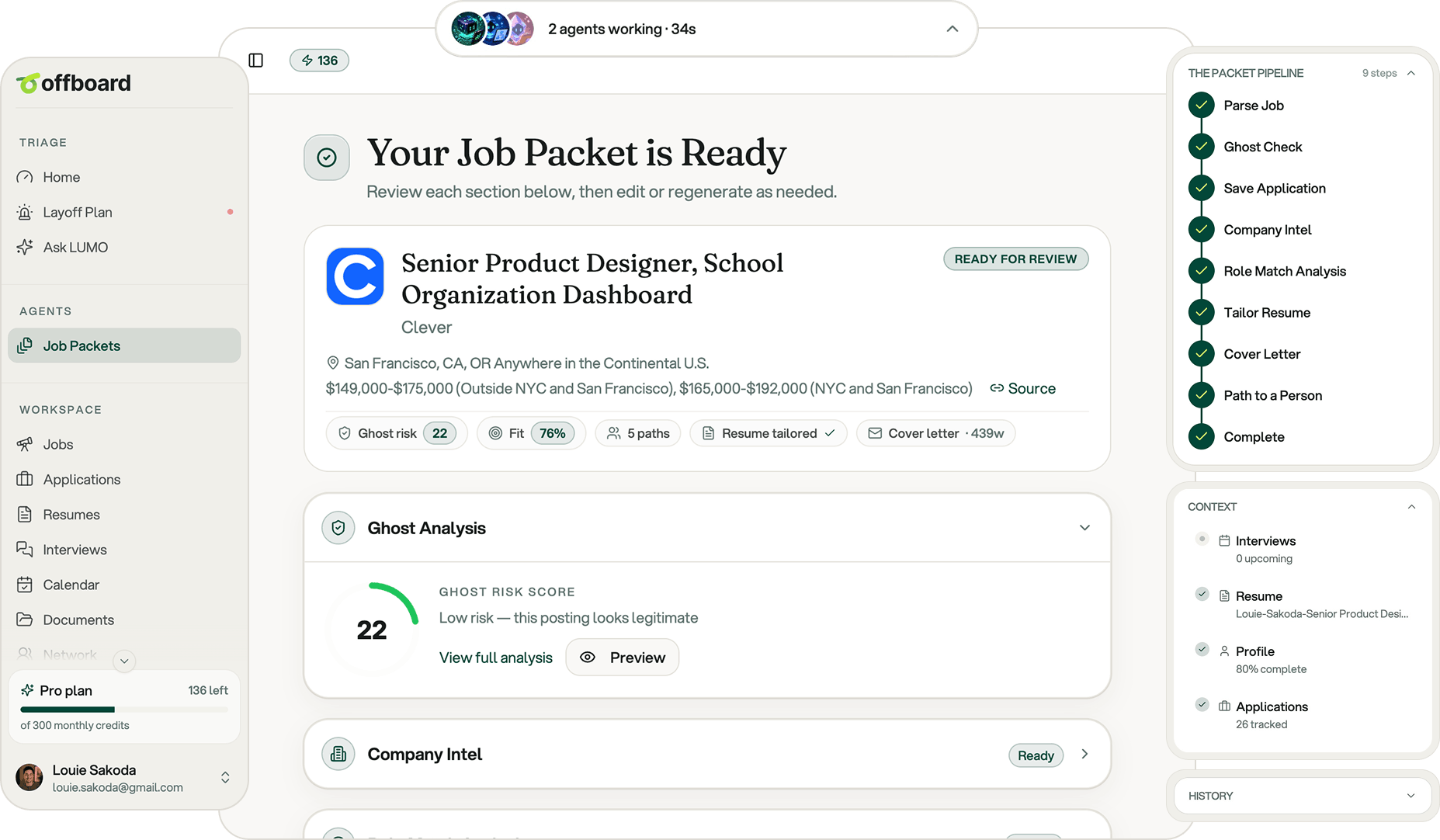 Offboard app showing a completed Job Packet with progress, role match analysis, and connected context